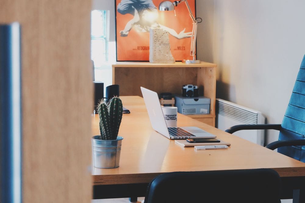 Tidy wooden work desk with a laptop and plant