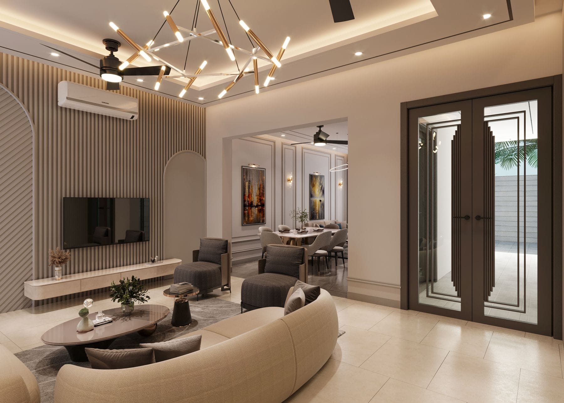 Bright living room with a curved sofa, feature wall and pendant lighting