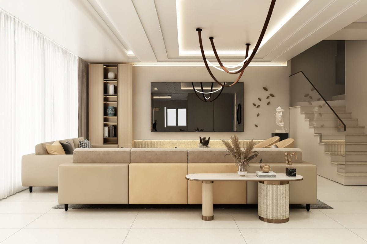 Living room with beige sofas, a soft ceiling and a staircase