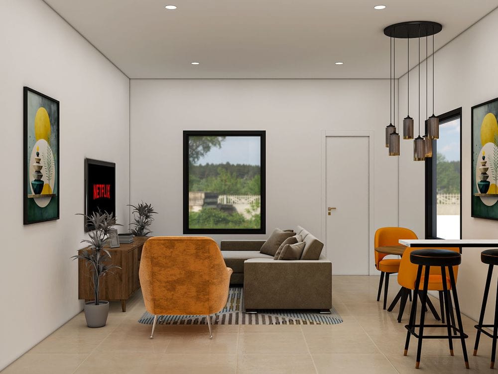 Modern living room with a large window, sofa and pendant lights